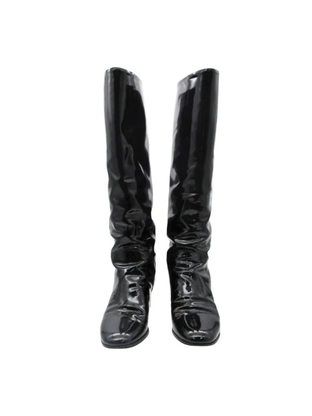 Chanel Boots Long Enamel Patent Leather CC Logo Shoes Black